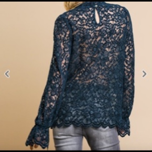 Teal Sheer Floral Lace Top - Picture 3 of 3